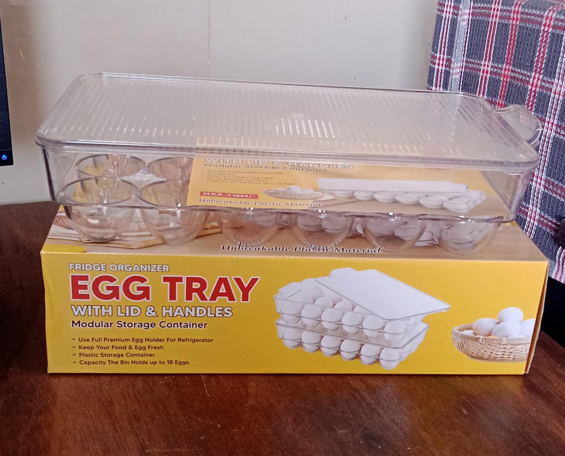 Plastic 18 Cavity Egg Storage Box Or Egg Trays For Refrigerator With Lid & Handles High Quality, Rectangular Egg Tray Box For 18 Egg (1 Pc) Plastic 18 Cavity Egg Storage Box Or Egg Trays For Refrigerator With Lid & Handles High Quality, Rectangular Egg Tray Box For 18 Egg (1 Pc)
